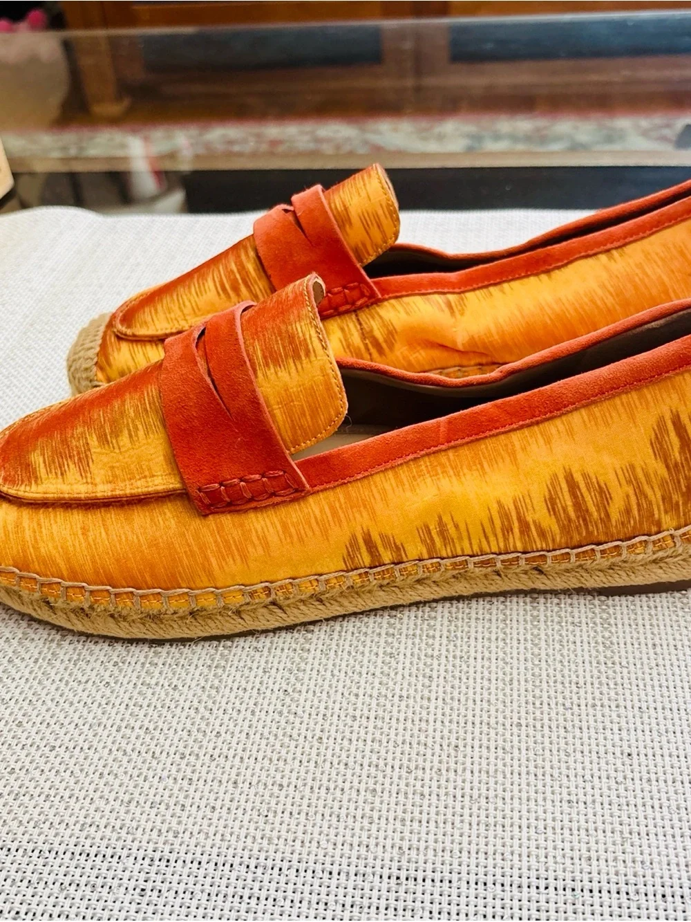Sam Edelman Orange and Gold Espadrille Penny Loafers